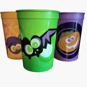 Halloween Cups Green Orange Purple Bat Spider Pumpkin Plastic 10 ounce lot 3